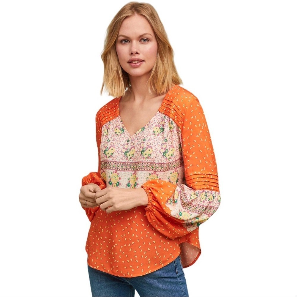 Maeve Anthropologie Ceresco Blouse Womens Small‎ Orange Floral Peasant V-Neck